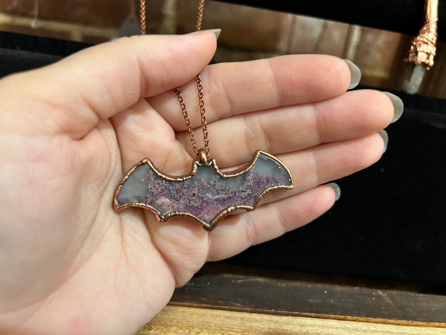 Pink Moss Agate Bat Necklace