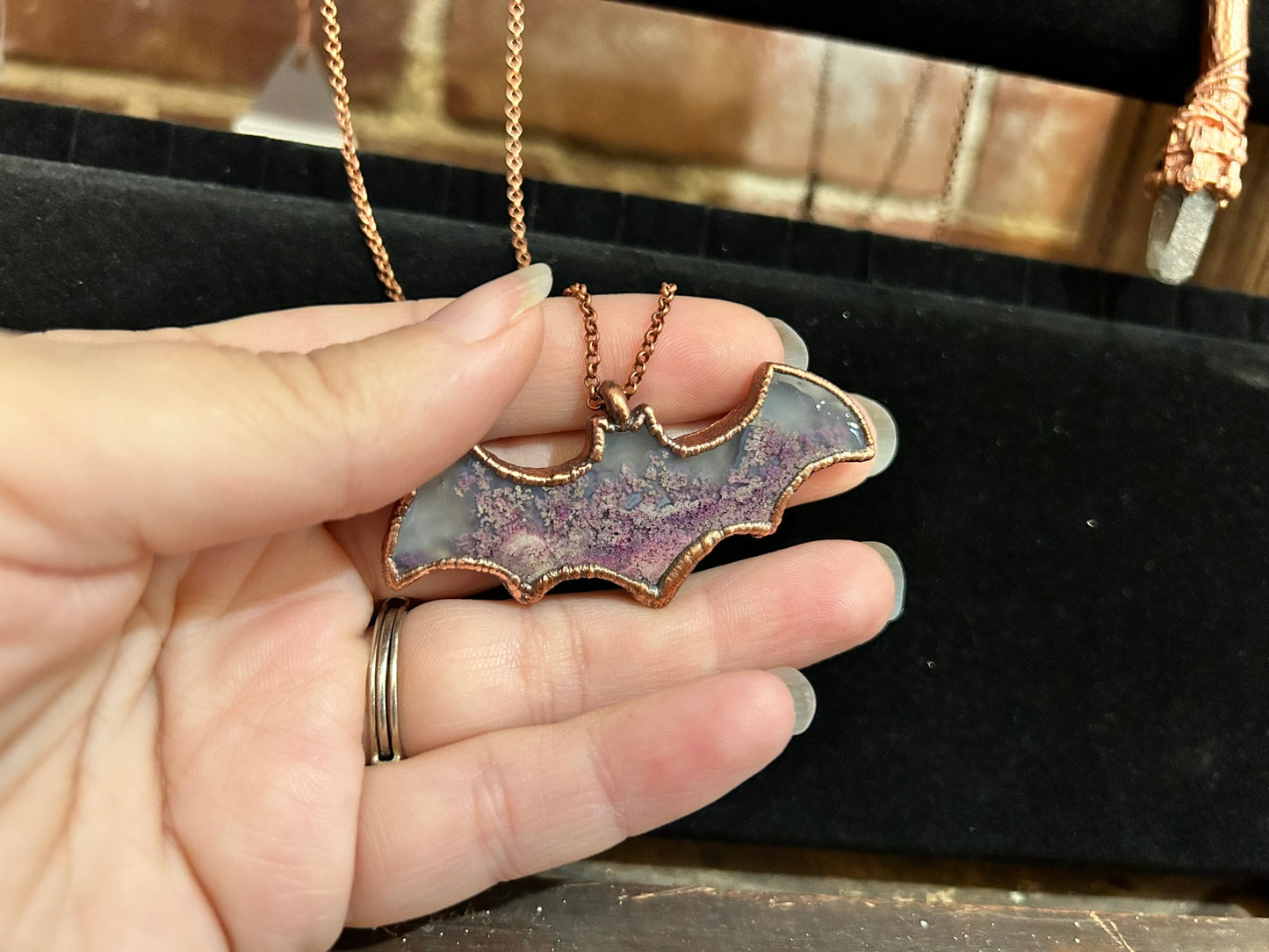 Pink Moss Agate Bat Necklace